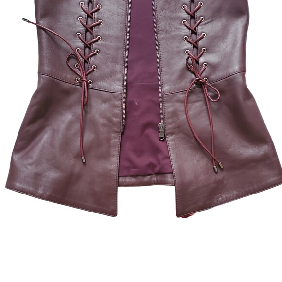 Veronica Beard 0 Leather Corset Back Vest Peplum Sleeveless Burgundy Plum Tank - Picture 2 of 12